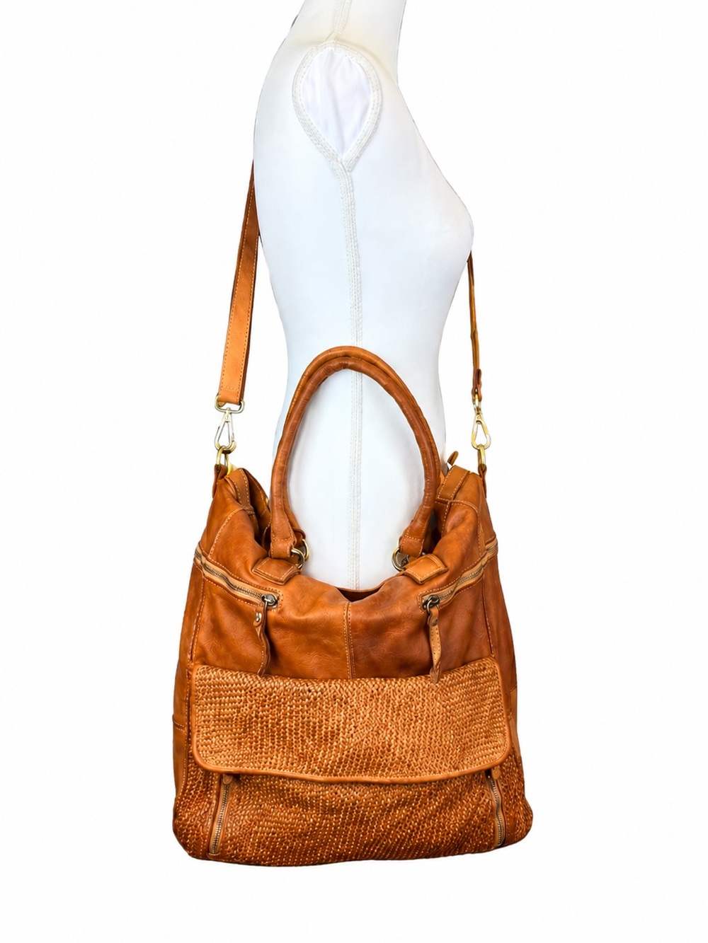 Vintage Peruzzi Firenze Woven Leather Tote Bag Cognac Brown Boho Crossbody